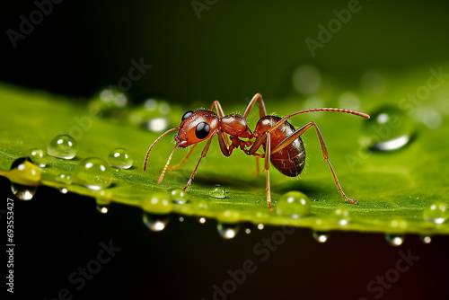 A close-up macro photo of an ant in a forest. Red ant on green leaf, macro photography © Ishara
