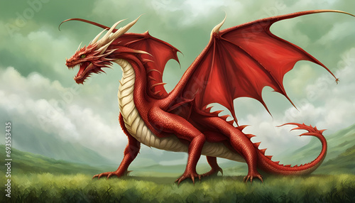 St. David's Day Fierce Red dragon in a field Welsh ~ Created with Generative AI. photo