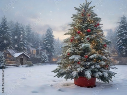 Christmas tree on the background of a winter landscape. Christmas and New Year. 