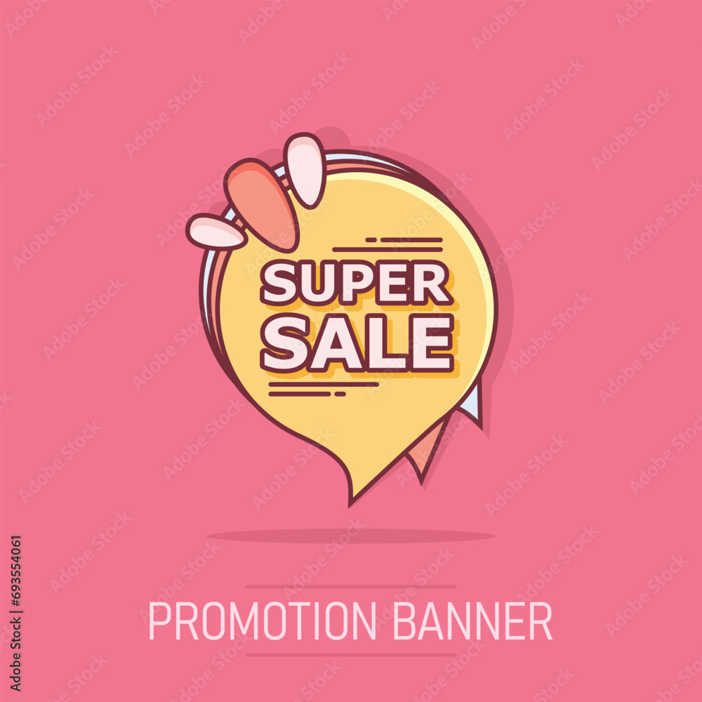 Obraz premium Vector cartoon super sale banner icon in comic style. Badge shopping illustration pictogram. Super sale business splash effect concept.
