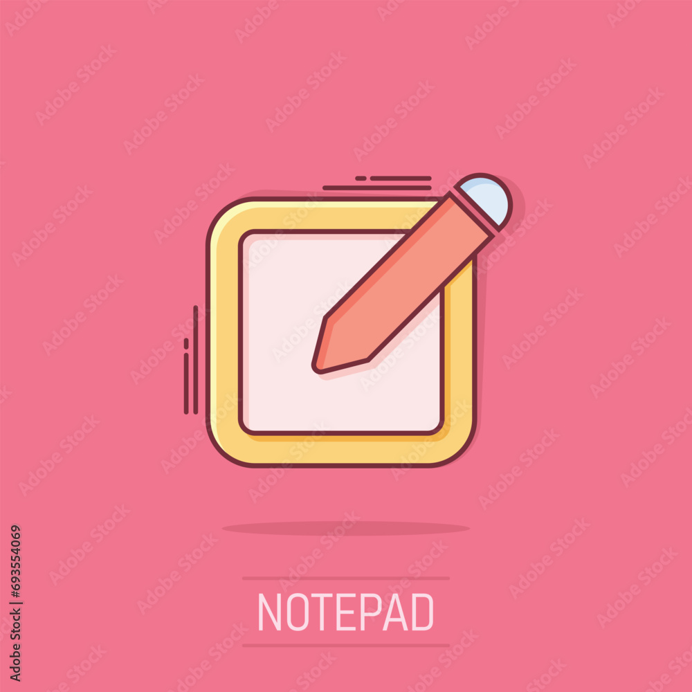 Vector cartoon notepad edit document with pencil icon in comic style. Notepad concept illustration pictogram. Document business splash effect concept. Vector cartoon notepad edit document with pencil icon in comic style. Notepad concept illustration pictogram. Document business splash effect concept.