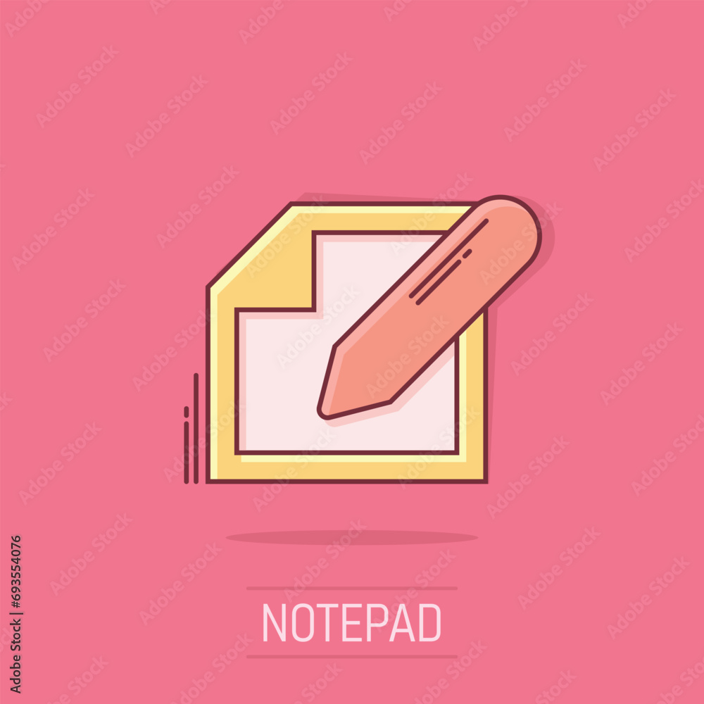 Vector cartoon notepad edit document with pencil icon in comic style. Notepad concept illustration pictogram. Document business splash effect concept. Vector cartoon notepad edit document with pencil icon in comic style. Notepad concept illustration pictogram. Document business splash effect concept.