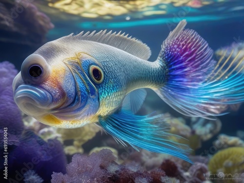 Beautiful colorful fish in the aquarium. Underwater world scene. 