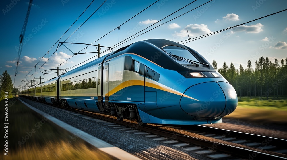 Elevated view of a sleek high speed train rushing along the tracks with a blur effect