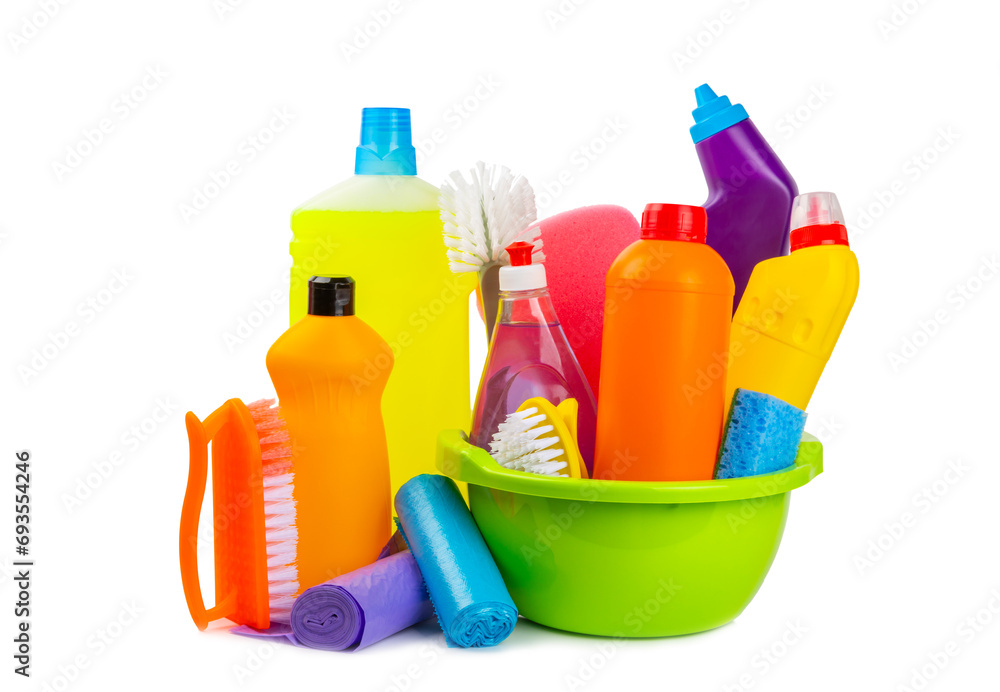 Cleaning items in a bucket isolated on a white background. Cleaning products for home cleaning isolated.Cleaning concept.Close-up. Household chemicals.detergents in plastic bottles, sponges and gloves Cleaning items in a bucket isolated on a white background. Cleaning products for home cleaning isolated.Cleaning concept.Close-up. Household chemicals.detergents in plastic bottles, sponges and gloves