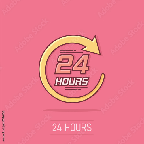 Vector cartoon twenty four hour clock icon in comic style. 24/7 service time concept illustration pictogram. Around the clock business splash effect concept.