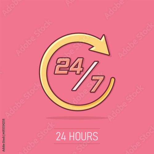 Vector cartoon twenty four hour clock icon in comic style. 24/7 service time concept illustration pictogram. Around the clock business splash effect concept.