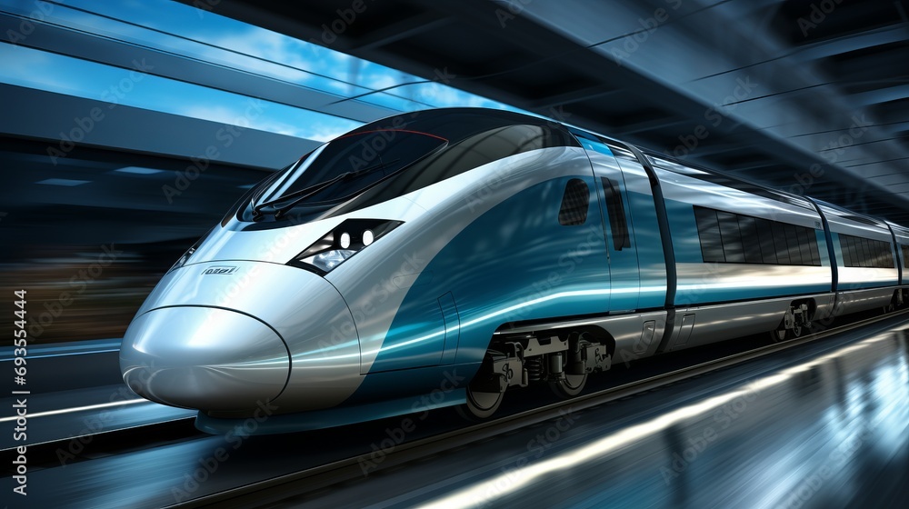 Sleek and futuristic high speed train zooming with lightning speed along the gleaming tracks