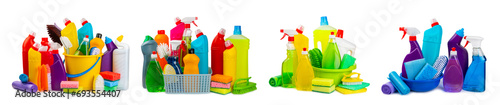 Cleaning items in a bucket isolated on a white background. Cleaning products for home cleaning isolated.Cleaning concept.Close-up. Household chemicals.detergents in plastic bottles, sponges and gloves