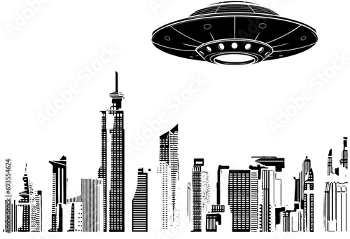 vector black silhouette of ufo left the city