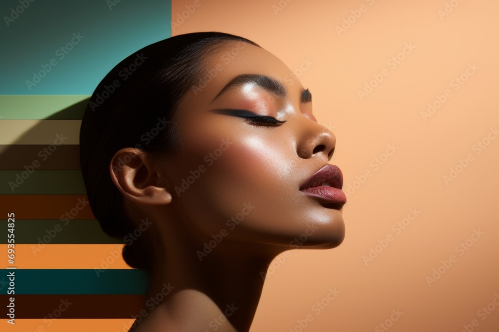close-up african american woman beauty model, against colorful studio background.