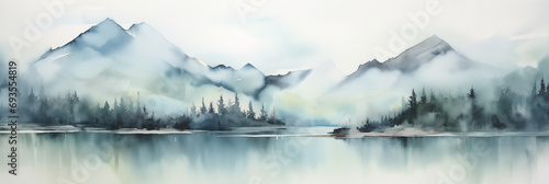 Mountain tops panorama landscape banner. Neutral blue and gray pastel colour. Abstract Misty and Dreamy Rocky Mountain Peaks. photo