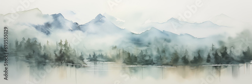 Mountain tops panorama landscape banner. Neutral blue and gray pastel colour. Abstract Misty and Dreamy Rocky Mountain Peaks.