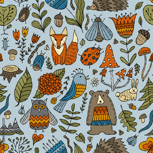 Woodland seamless pattern background. Forest animals in cartoon style. Ideas ...