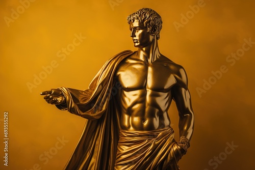 A beautiful ancient gold greek, roman stoic male statue, sculpture on a golden backdrop. Great for philosophy quotes.