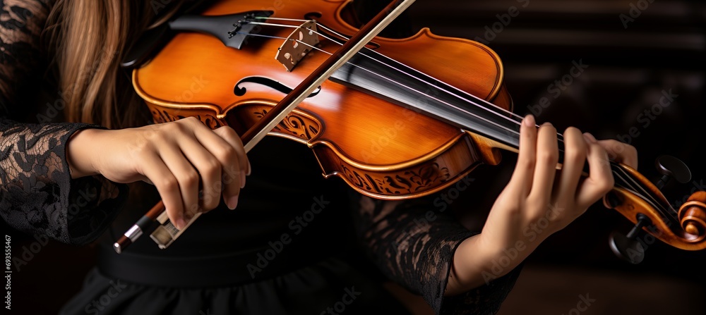 Passionate female musician playing violin with intricate details and expressive hands Passionate female musician playing violin with intricate details and expressive hands