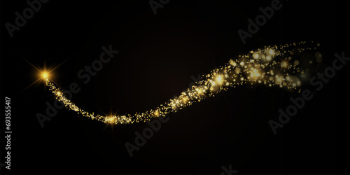 Gold dust glittering with sparkling particles. A beautiful shining star with a dusty tail. Festive background. Vector illustration 