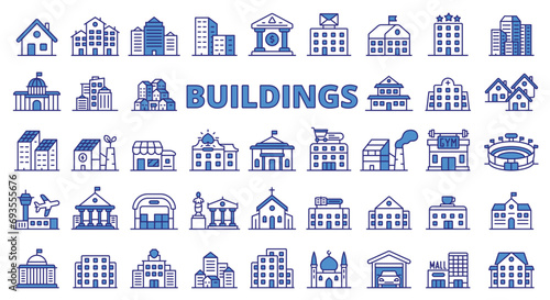 Buildings icons line design blue. House, city, architecture, cityscape, office, bank, hospital, store, factory, home vector illustrations. Buildings editable stroke icons.