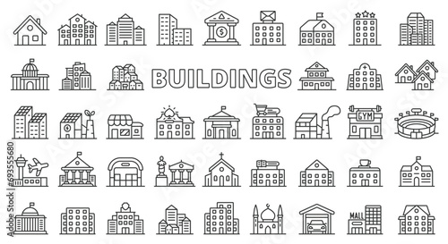 Buildings icons line design. House, city, architecture, cityscape, office, bank, hospital, store, factory, home vector illustrations. Buildings editable stroke icons.