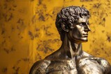 A beautiful ancient gold greek, roman stoic male statue, sculpture on a golden backdrop. Great for philosophy quotes.