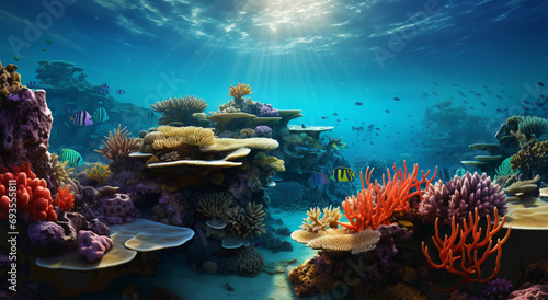 Underwater view of the coral reef. Ecosystem. Life in tropical waters. © Nataliia