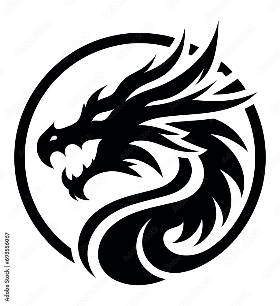 Obraz premium Dragon head vector illustration logo and tattoo template silhouette outline graphic isolated on white background.