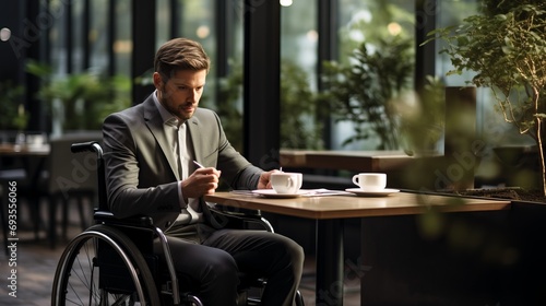 Successful businessman in wheelchair working in modern office on blurred background with copy space