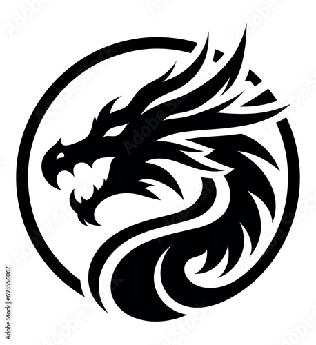 Dragon head vector illustration logo and tattoo template silhouette outline graphic isolated on white background.