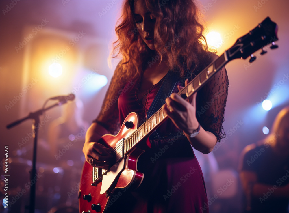 Obraz premium Charming hipster woman with curly hair with red guitar in neon lights. Rock musician is playing electrical guitar. 90s style concept.