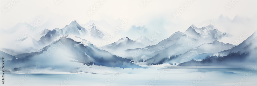 Mountain tops panorama landscape banner. Neutral blue and gray pastel colour. Abstract Misty and Dreamy Rocky Mountain Peaks.