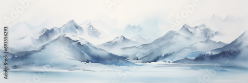 Mountain tops panorama landscape banner. Neutral blue and gray pastel colour. Abstract Misty and Dreamy Rocky Mountain Peaks. © PEPPERPOT