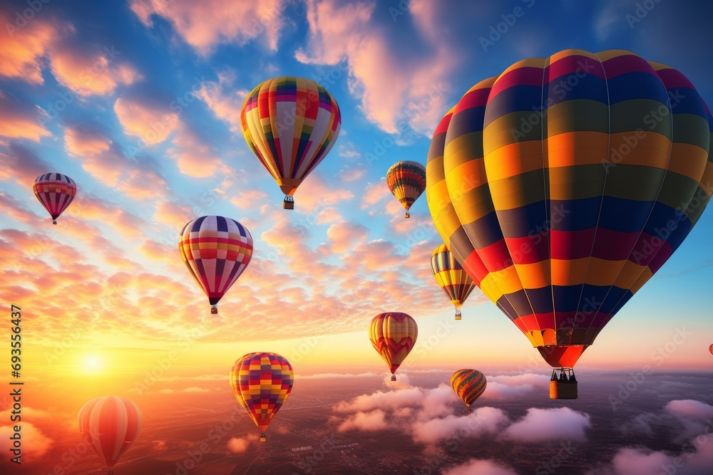 Obraz premium Beautiful hot air balloons against the sky, aerial view of rising balloons on cloudscape.