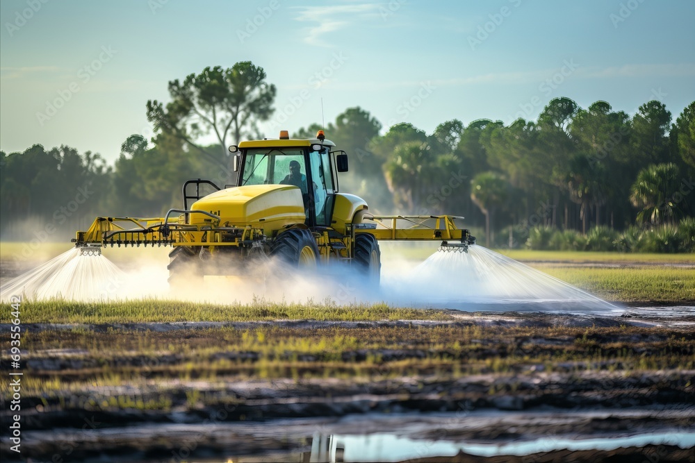 Fototapeta premium Tractor effectively spraying pesticides on vegetable field for pest control and crop quality