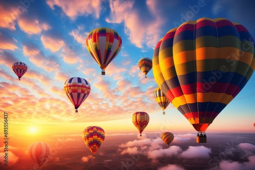 Beautiful hot air balloons against the sky, aerial view of rising balloons on cloudscape. © okfoto