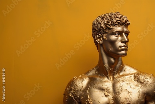 A beautiful ancient gold greek, roman stoic male statue, sculpture on a golden backdrop. Great for philosophy quotes. © MiniMaxi