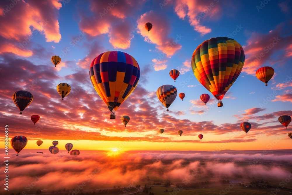Naklejka premium Beautiful hot air balloons against the sky, aerial view of rising balloons on cloudscape.