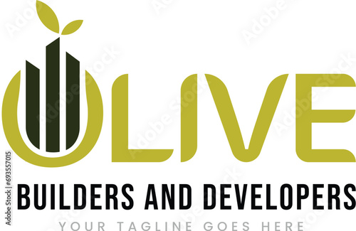Olive logo building,  real estate icon with modern emblem line art style 
