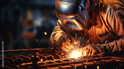 Experienced and highly skilled worker engaged in the process of arc welding with an arc welder photo