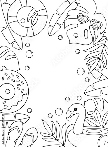 Summer, palm trees, flamingos, inflatable swimming rings. Background, coloring page, black and white vector illustration.