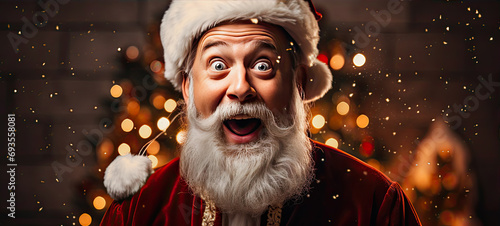 Photo of happy man wearing santa hat and glasses making surprised shocked face on festive glittering defocused bokeh background photo