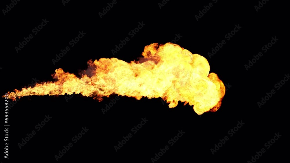A striking scene unfolds as a forceful stream of fire captures the viewer's attention against a deep black backdrop, complete with a specifically crafted alpha channel for video applications.