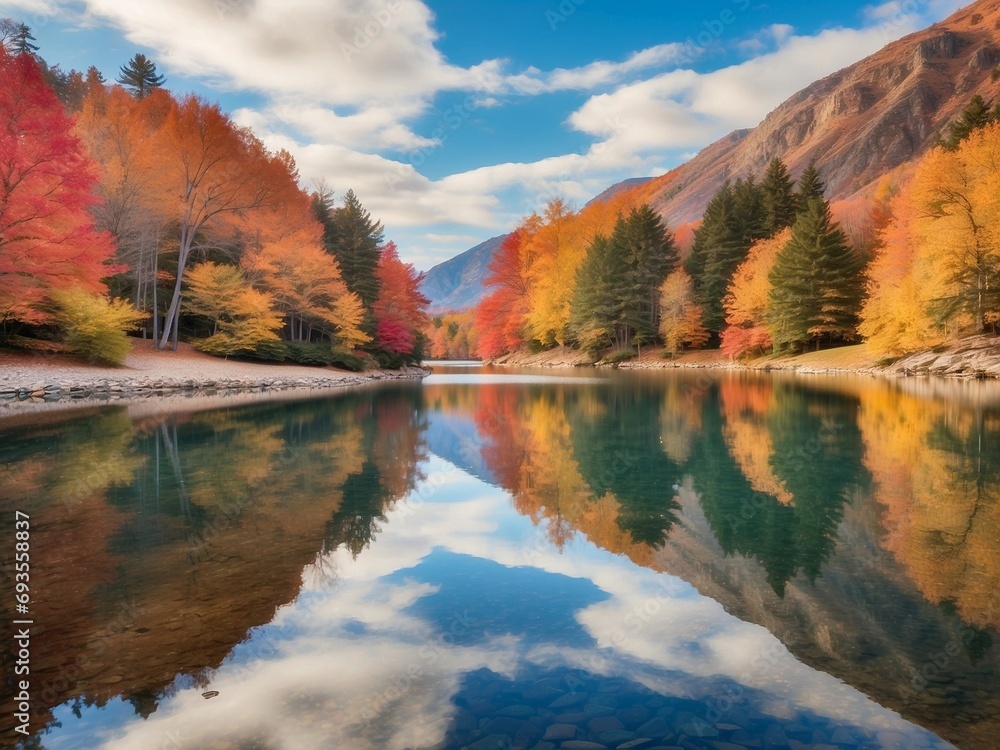 Fototapeta premium peaceful fall lake with vibrant foliage reflecting serene autumn landscape, tranquil nature scene colorful leaves reflected in the water 