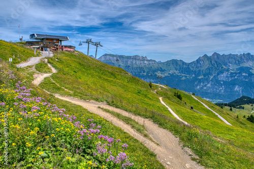 View of idyllic mountain scenery in the Alps with fresh green meadows in bloom on a beautiful sunny day in springtime. Hiking trail in Flumserberg region in Swiss Alps, Switzerland  photo