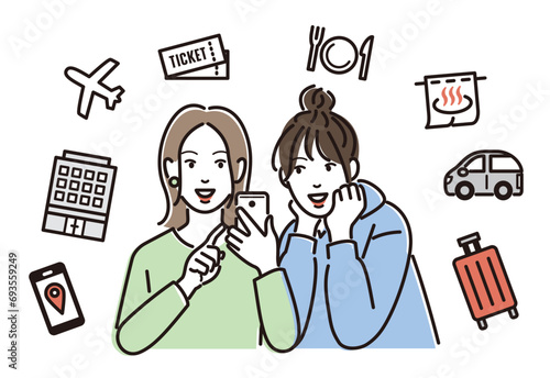 スマホで旅行の計画を立てる若い女性