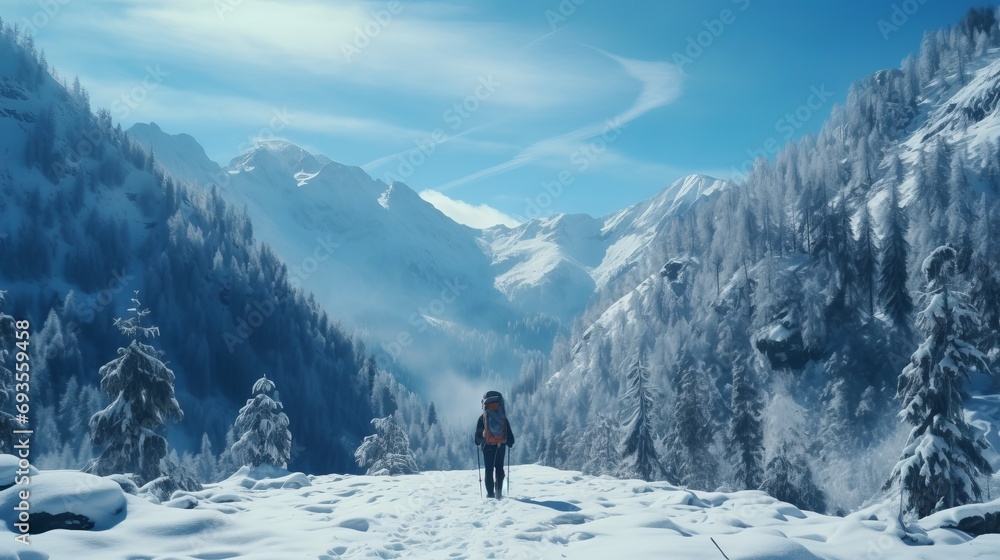 Fearless mountaineer enjoying backcountry skiing in a breathtaking snowy alpine landscape