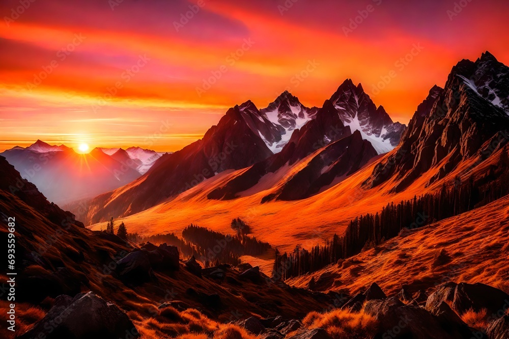 Majestic mountain peaks silhouetted against a breathtaking sunrise, the warm hues of orange and pink painting the sky, casting a golden glow over the rugged terrain.