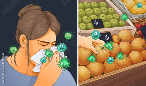 Sick woman, woman blows her nose. Risk of infection in a public place. Healthcare illustration. Vector illustration. 