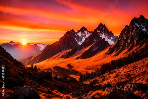 Majestic mountain peaks silhouetted against a breathtaking sunrise, the warm hues of orange and pink painting the sky, casting a golden glow over the rugged terrain.