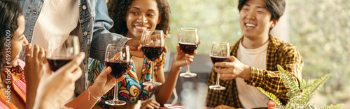 Group of happy young friends is drinking wine while having holiday dinner home party together
