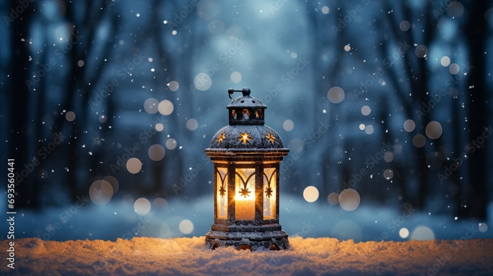 Christmas lantern in the snow against a backdrop of a wintry woodland. Christmas lights illuminate the background of a winter décor. Christmas lantern in the snow against a backdrop of a wintry woodland. Christmas lights illuminate the background of a winter décor.